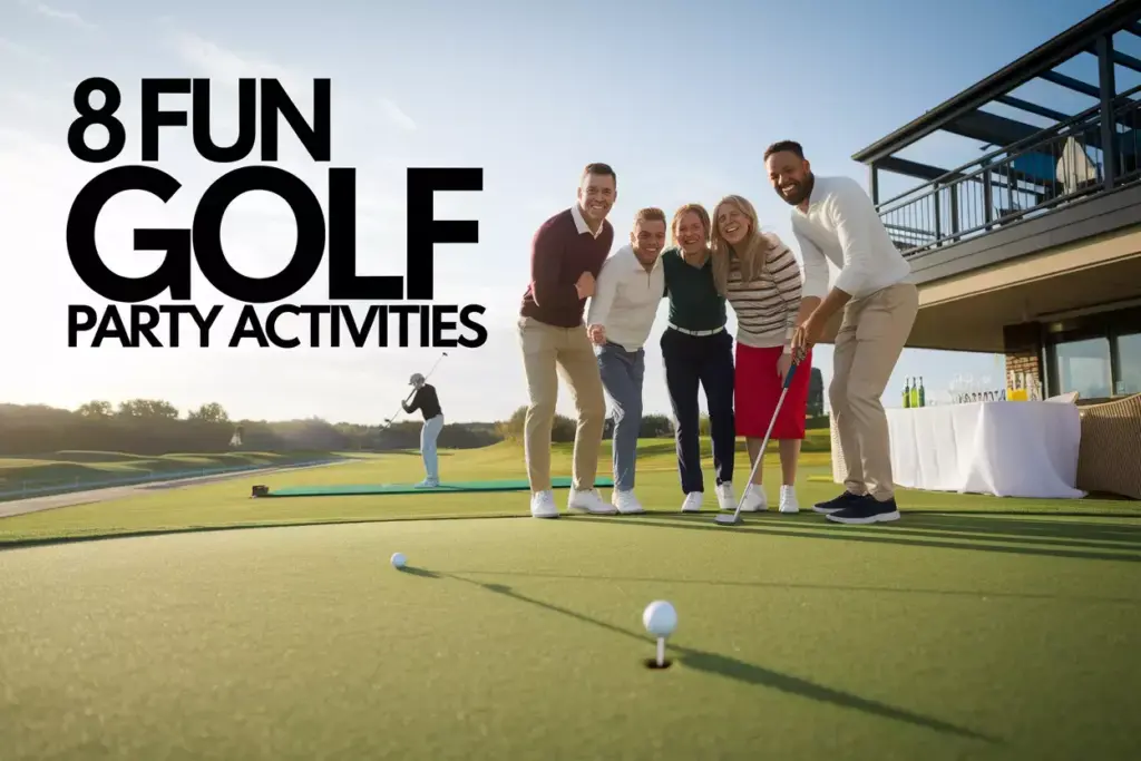 Putting Green Celebration Driving Range Background Clubhouse Terrace Vibrant Social Golf Party Scene