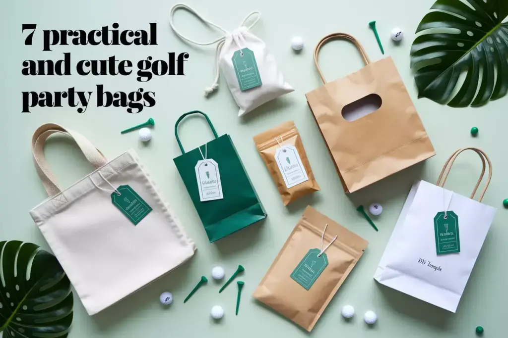 Seven Distinct Golf Themed Party Favor Bags Flat Lay With Accessories On Light Background