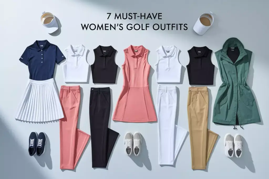Seven Distinct Womens Golf Outfits Flat Lay Showcasing Classic Performance And Weather Ready Styles