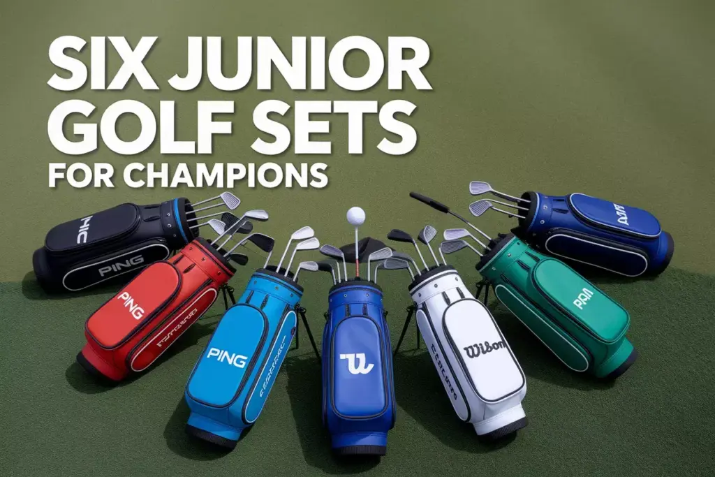 Six Junior Golf Bags On Putting Green Dawn Professional Aspirational Overhead