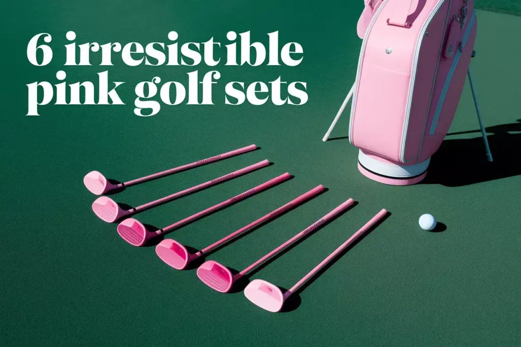 Six Pink Golf Clubs Fanned On Green With Modern Bag Overhead