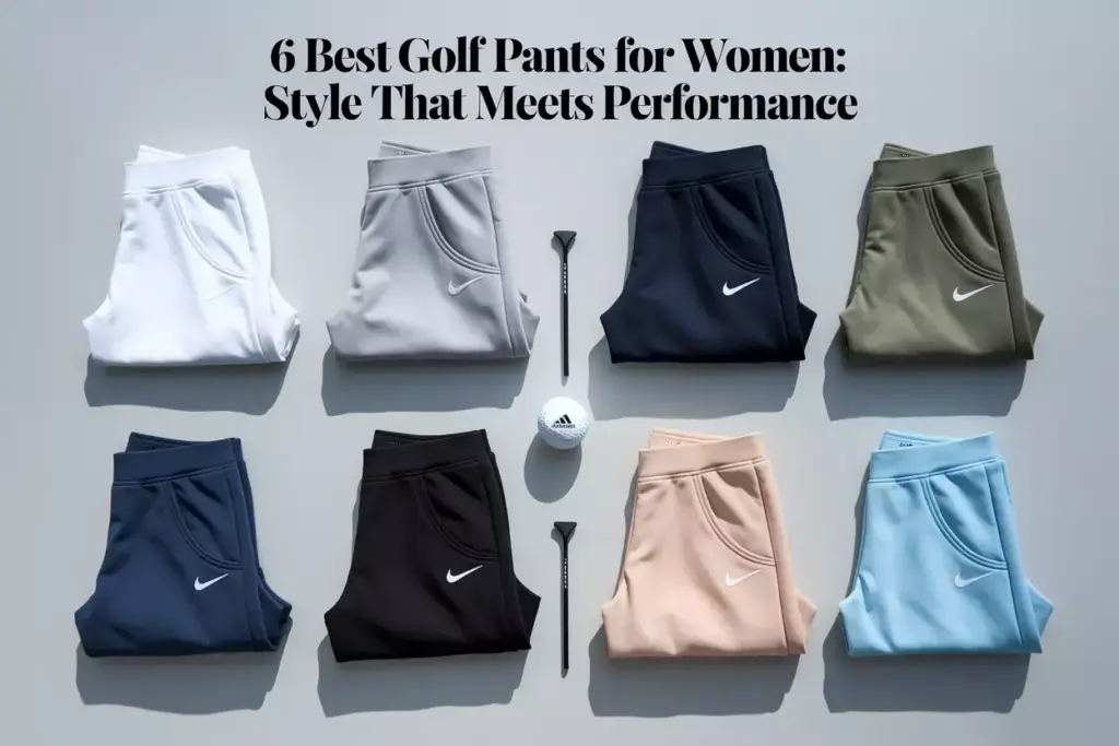 Six Stylish Womens Golf Pants Flat Lay Grid With Golf Ball On Minimalist Background