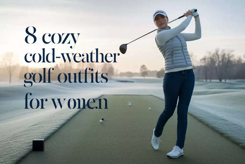 Stylish Female Golfer In Layered Outfit Mid Swing On Winter Fairway With Text Space