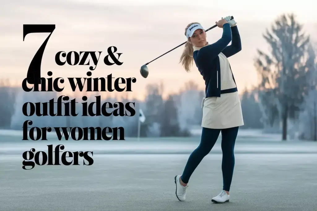 Stylish Woman Golfer Mid Swing On Frosty Morning Fairway In Layered Chic Winter Attire
