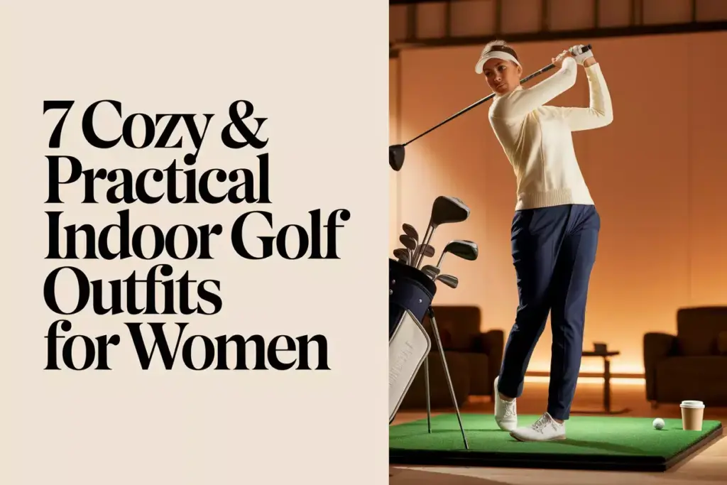 Stylish Woman In Layered Golf Attire Swinging In Modern Indoor Simulator Lounge