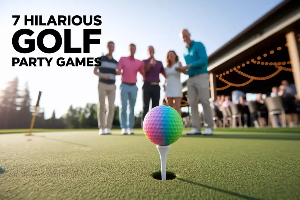 Sunny Putting Green Group Laughing Foam Ball Golden Hour Party Atmosphere Text Space