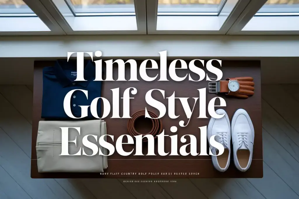 Timeless Golf Style Essentials Flat Lay On Wooden Bench
