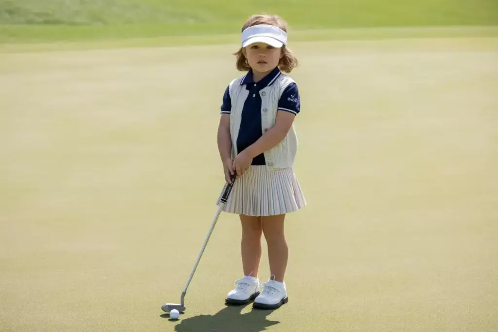 Classic Preppy Young Golfer In Navy Polo And Pleated Skort On Sunny Putting Green