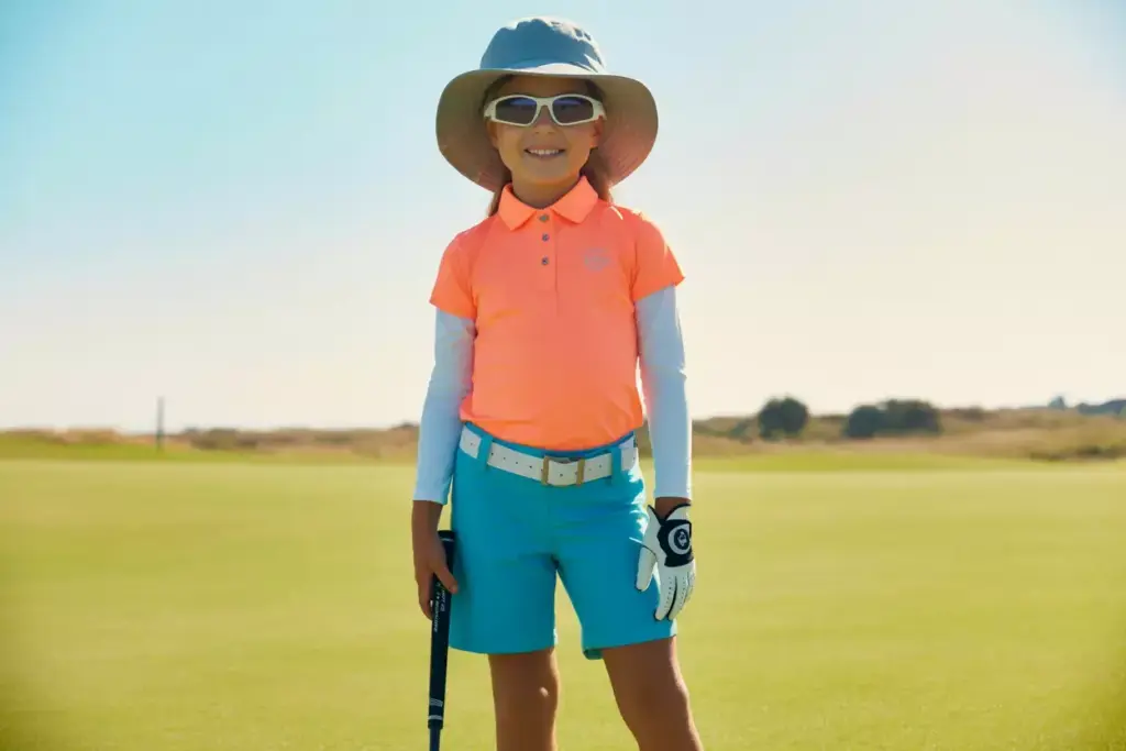 Sun Protected Young Golfer In Bright Upf Shirt And Wide Brim Hat On Fairway