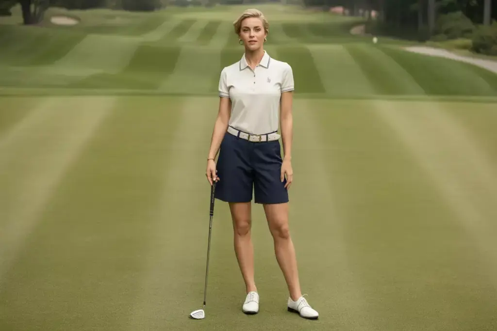 The Classic Country Club Look With White Polo Navy Shorts And Cream Shoes On Manicured Tee