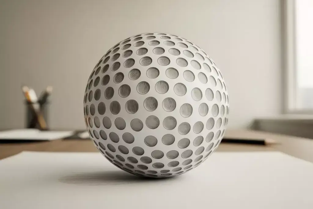 Classic dimpled golf ball sketch on paper with pencil shading