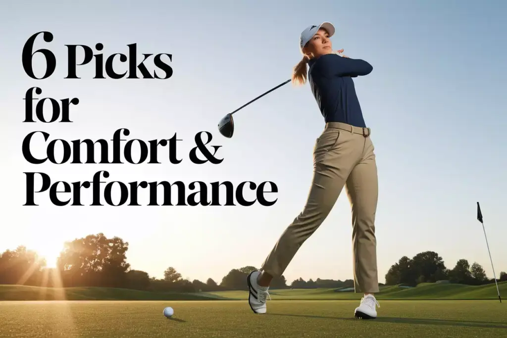 Modern female golfer wearing stylish adidas pants on sunlit fairway follow through pose