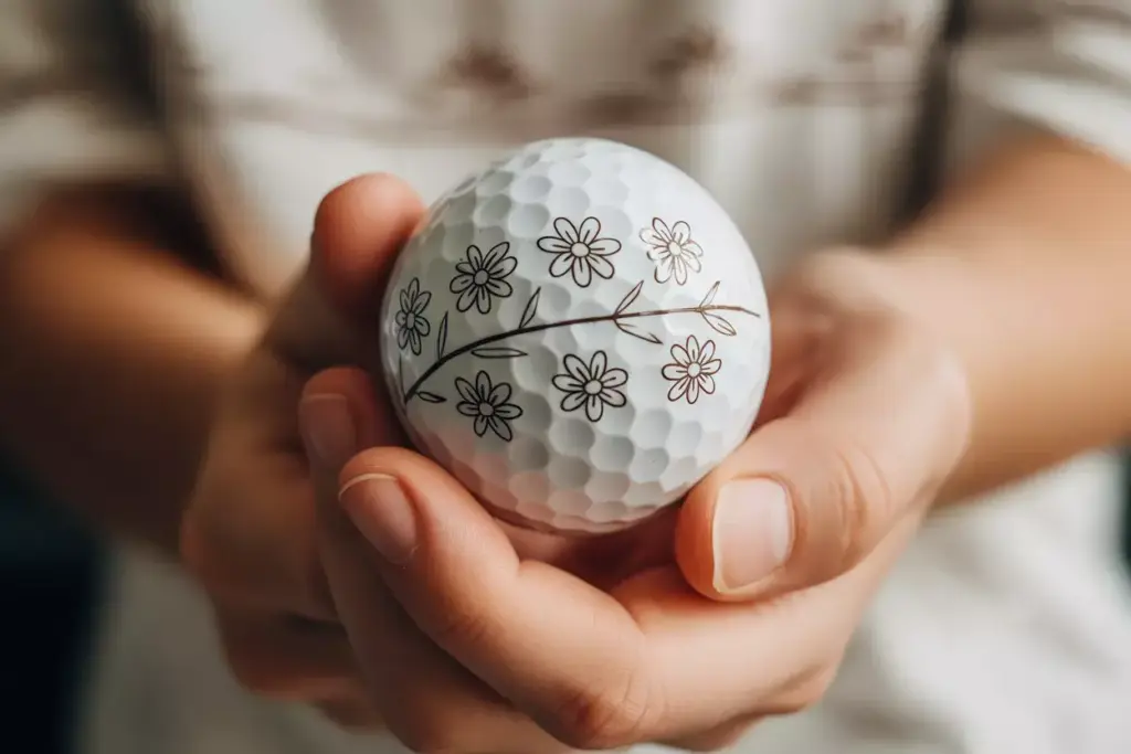 Hand holding golf ball with simple black ink daisy chain design