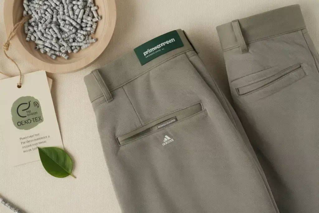 Primegreen golf pants flat lay with recycled materials and oeko tex tag