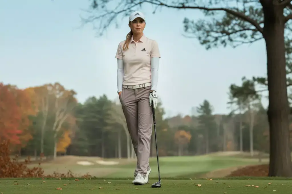 Golfer wearing fall weight pants on cool autumn course with leaves