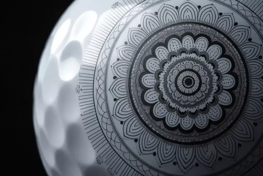 Macro detail intricate black ink mandala pattern on golf ball