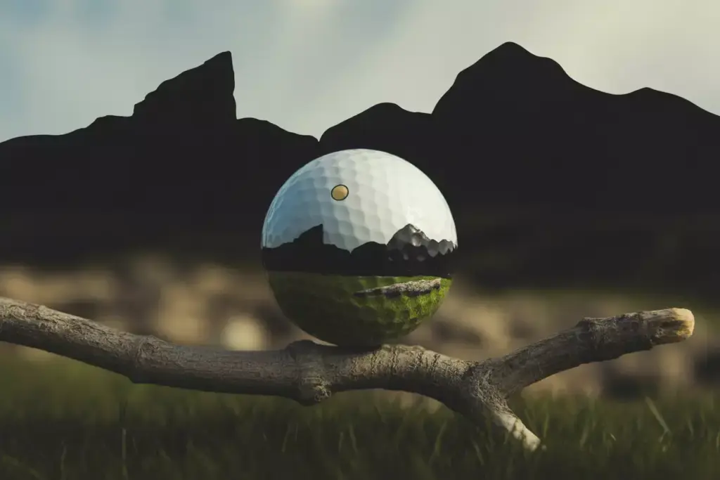 Golf ball with mountain silhouette landscape on natural background