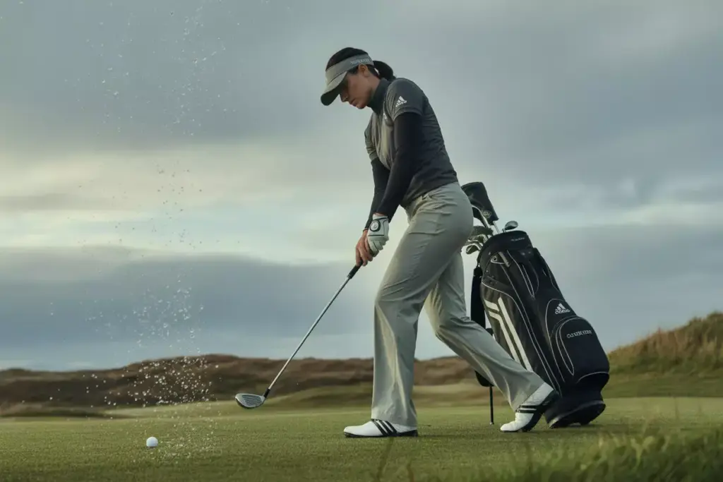 Golfer in climastorm pants playing on wet fairway under cloudy sky