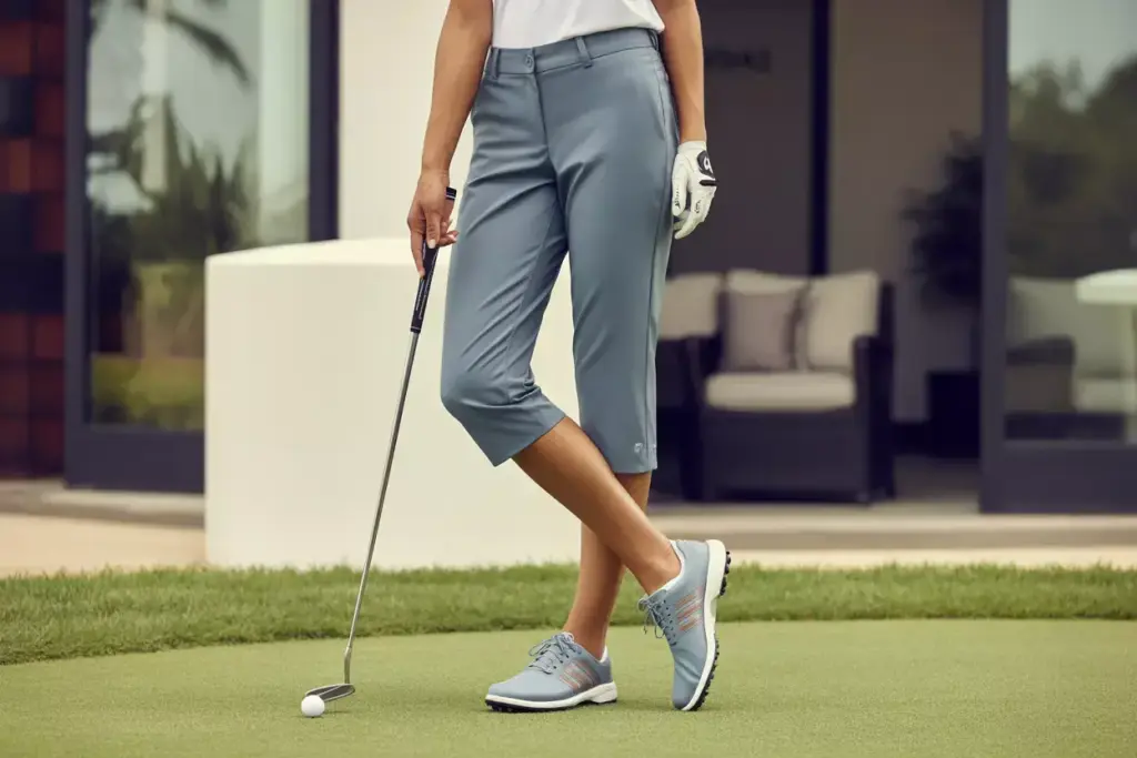 Fashion forward golfer showcasing cropped performance pants and shoes