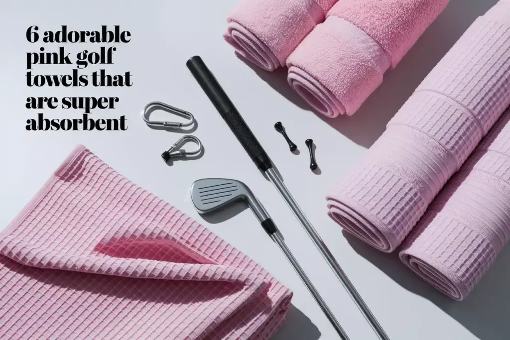 Overhead flat lay selection of pink golf towels and clubs on clean surface