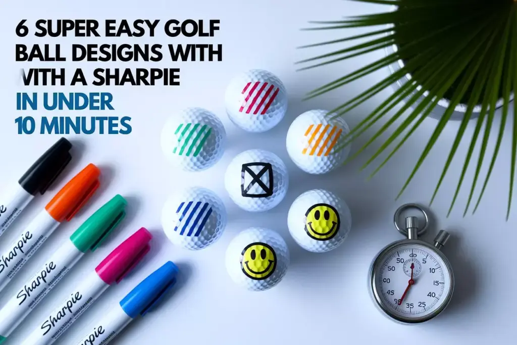 Six customized golf balls with sharpie designs in a flat lay circle