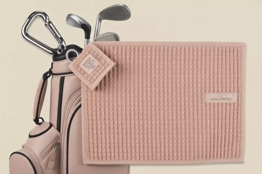 Premium rose pink waffle weave microfiber golf towel with carabiner