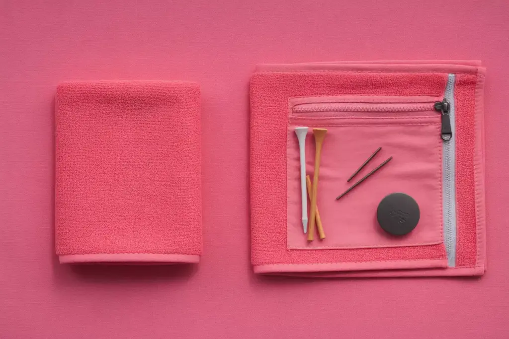 Bright pink compact travel golf towel zippered pocket tees