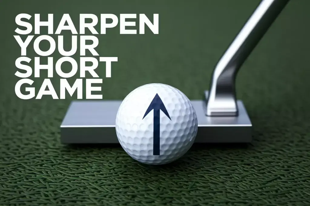 Overhead shot of golf ball with alignment arrow beside putter on green