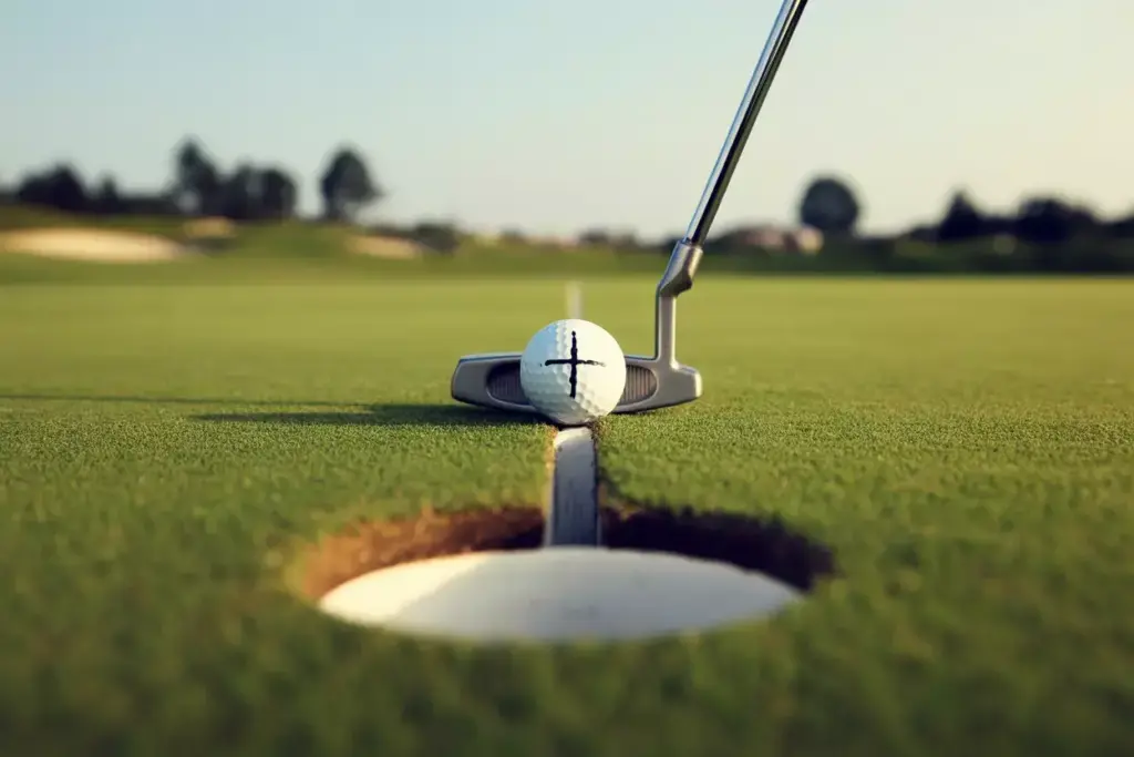Overhead view golf ball alignment graphic putter setup putting green