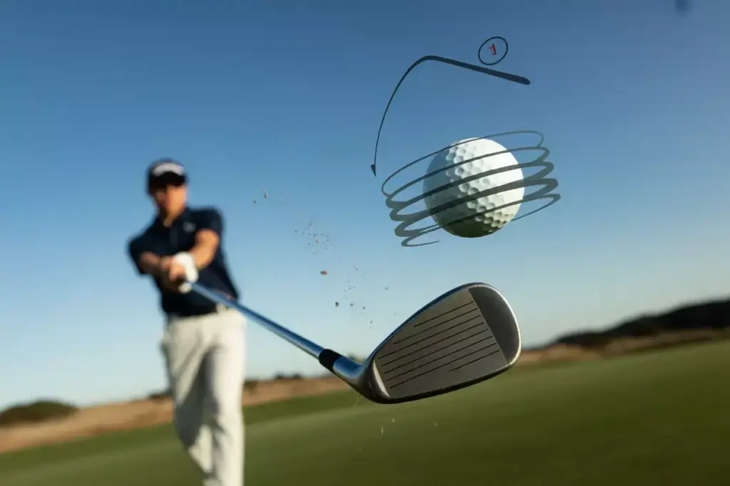 Golf ball spin graphic mid flight after wedge shot clear sky