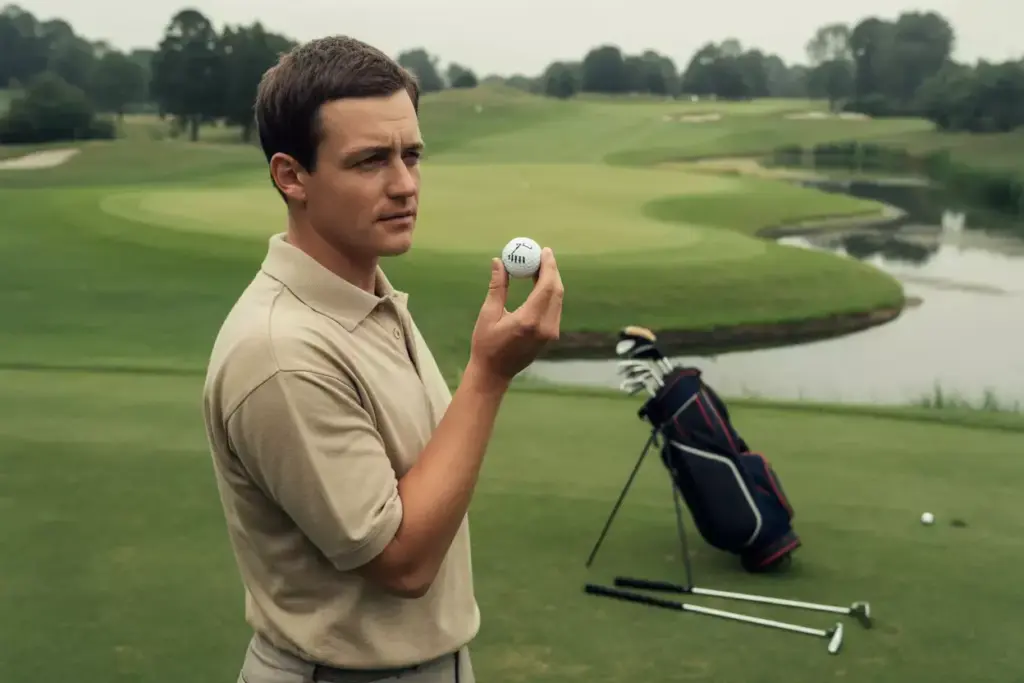 Golfer studying ball graphic before complex approach shot green