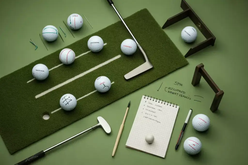 Practice setup flat lay multiple graphic golf balls training aids