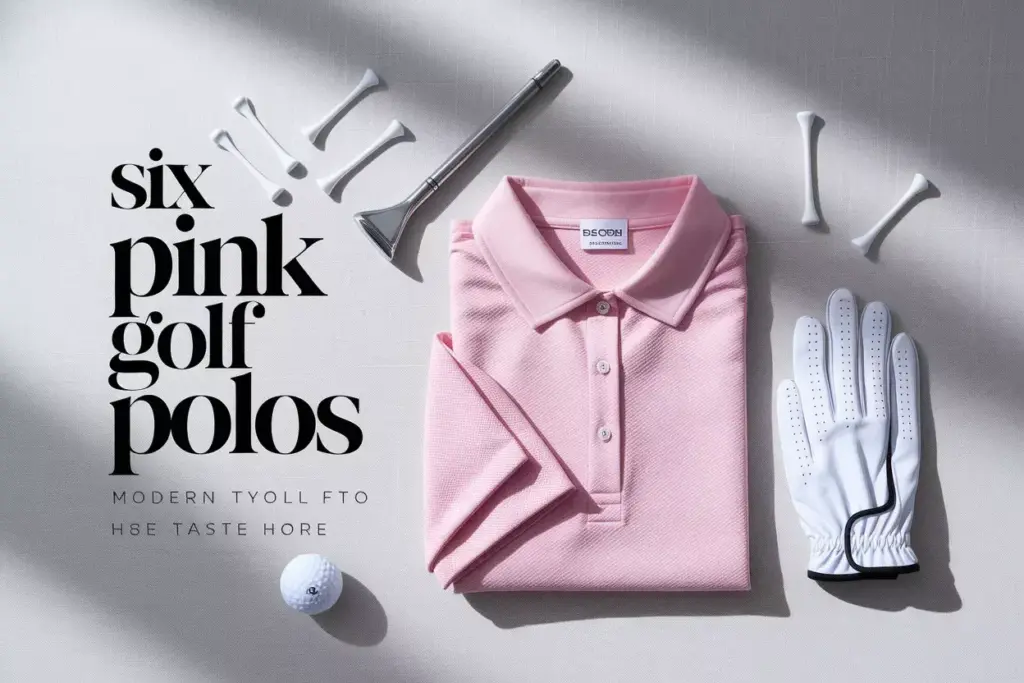 Flat lay chic rose quartz golf polo with accessories on neutral background