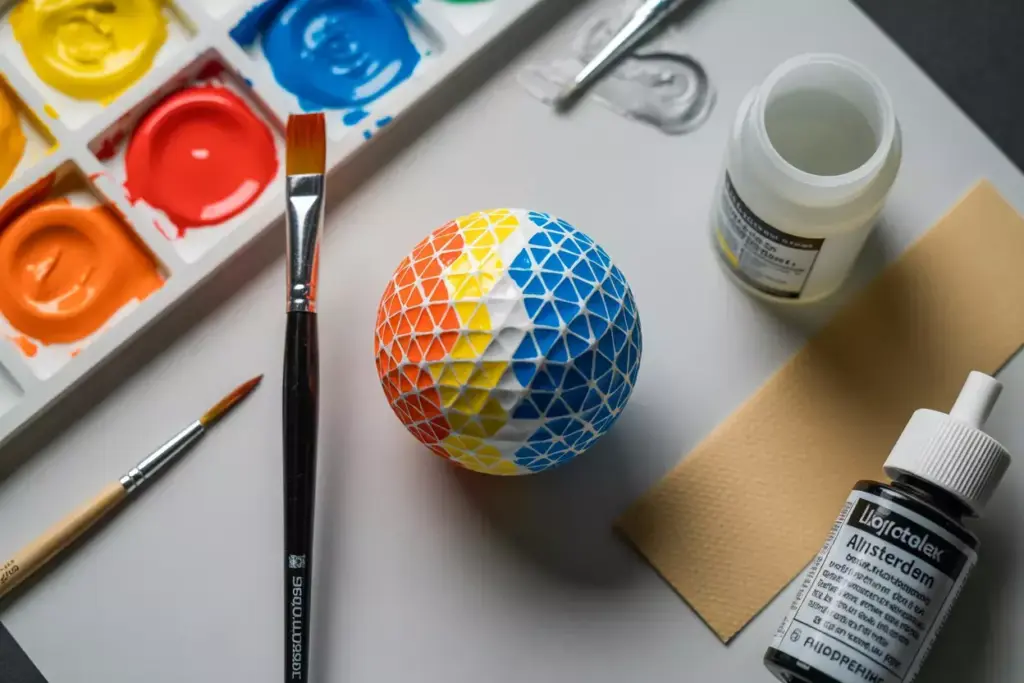 Vibrant acrylic paint geometric design on golf ball