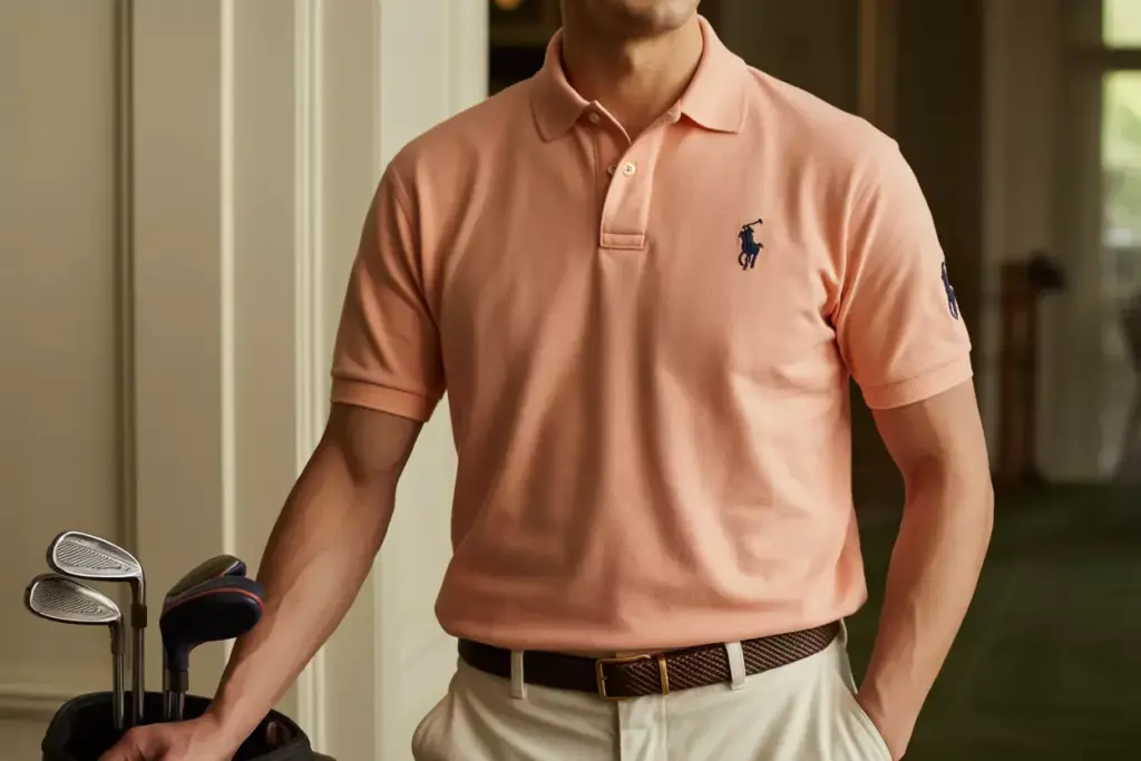 Ralph lauren carmel pink pique polo golfer clubhouse setting