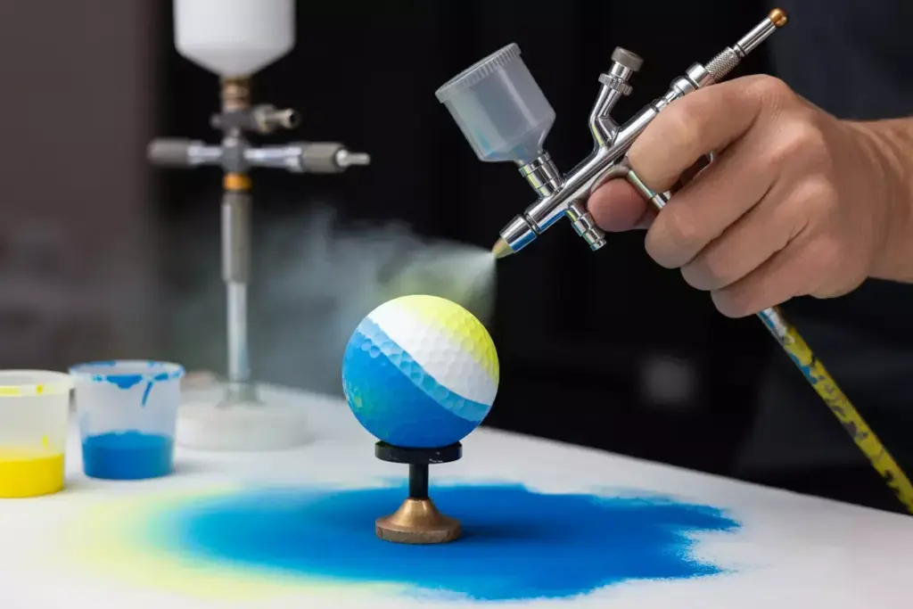 Airbrush creating ocean wave gradient on golf ball