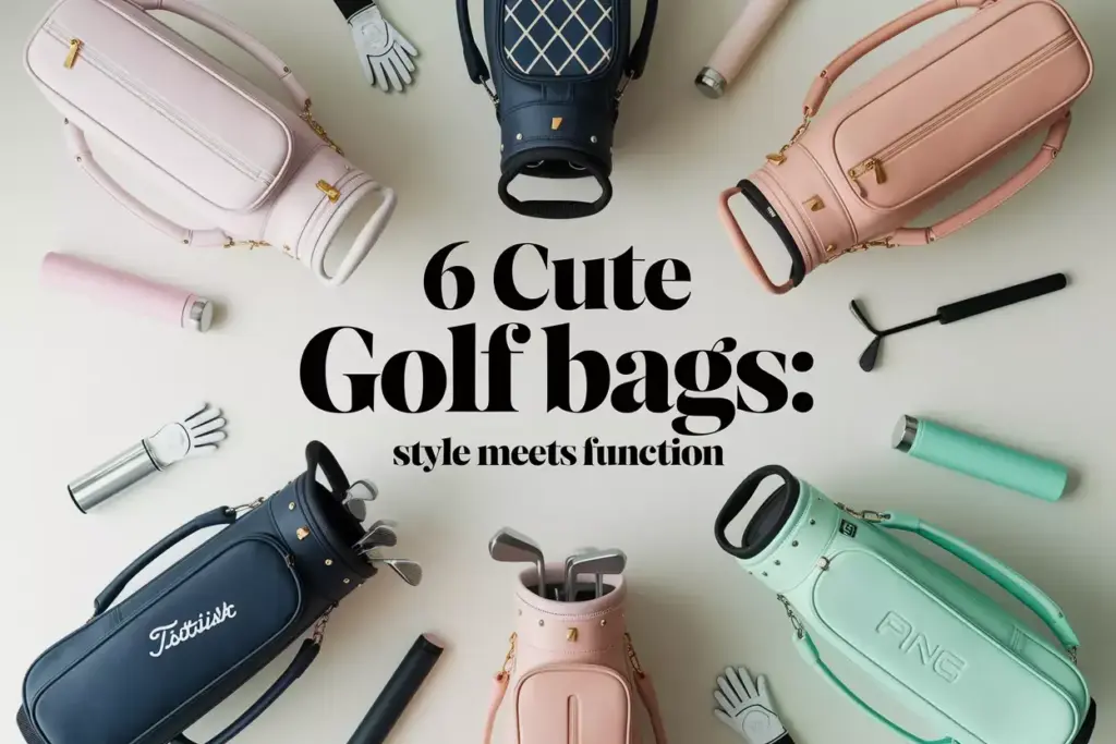 Stylish womens golf bags flat lay display on clean background