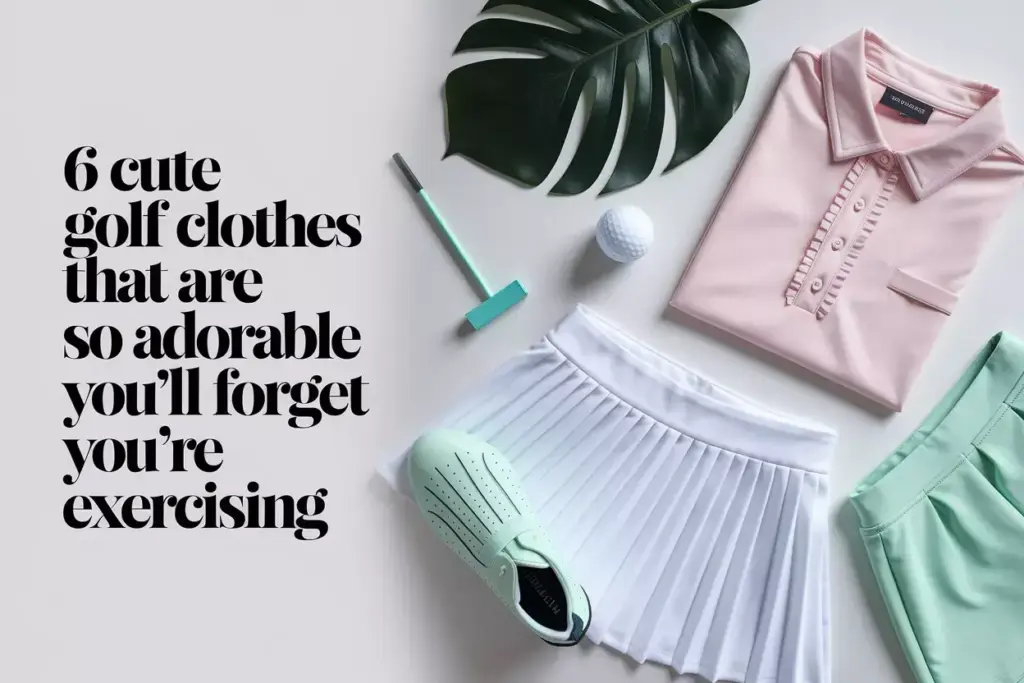 Overhead flat lay of pastel modern womens golf apparel on clean surface