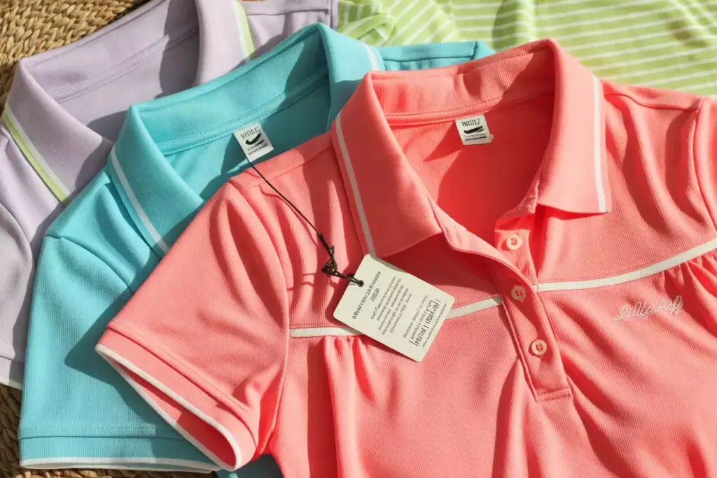 Fitted womens golf polo with contrast piping and ruffles