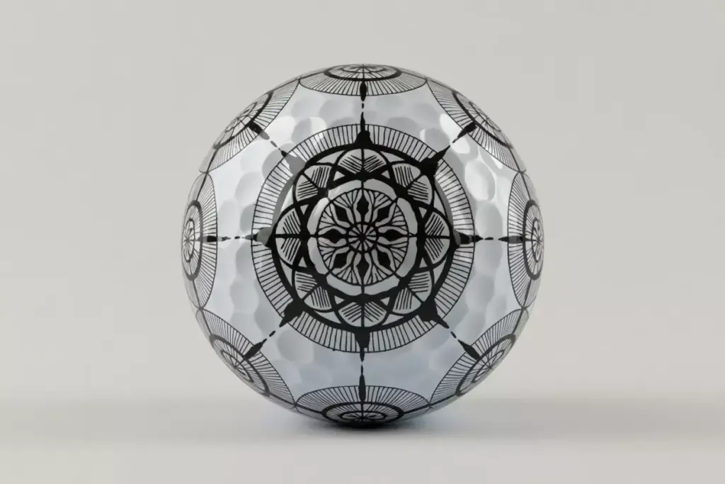 White golf ball with intricate black mandala pattern macro detail