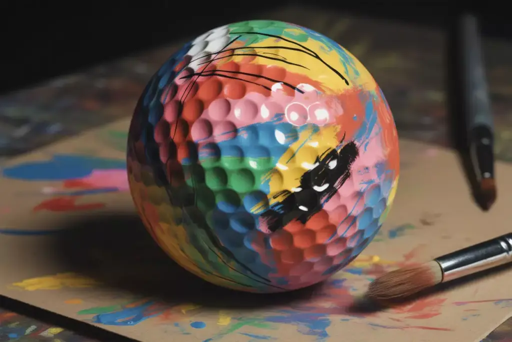 Colorful abstract expressionist painted golf ball on artists table