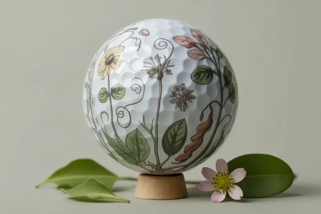 Botanical flower vine illustration on white golf ball display