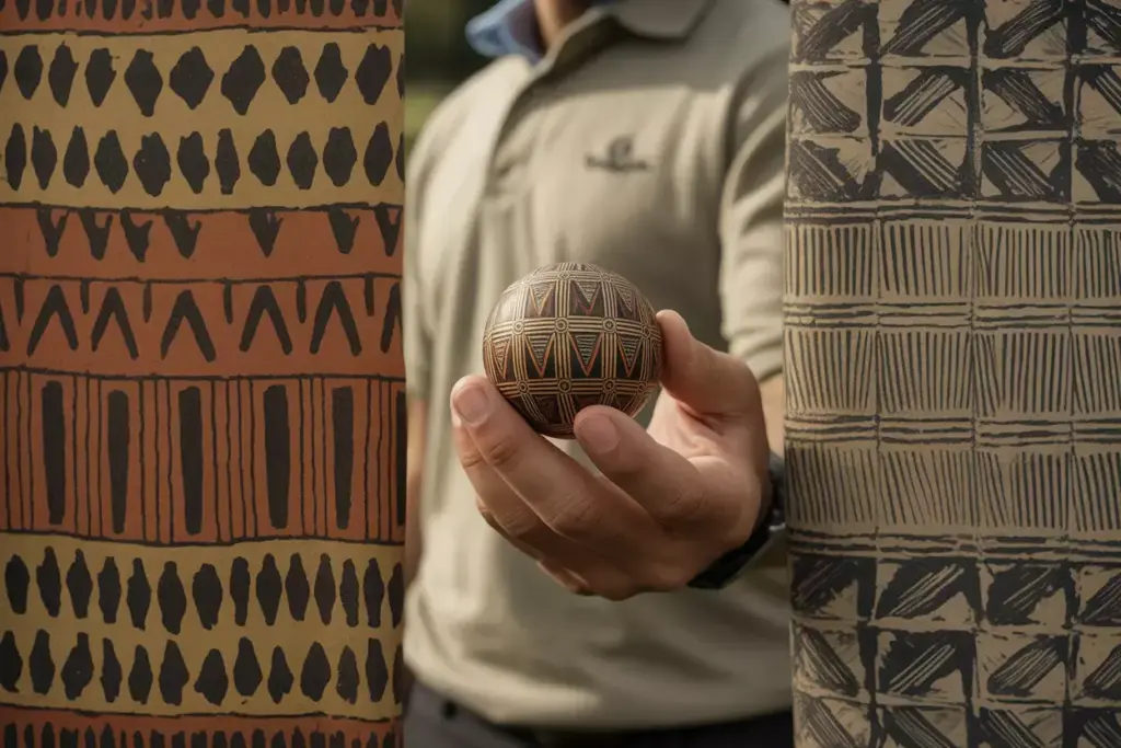 African tribal geometric pattern golf ball in gloved hand