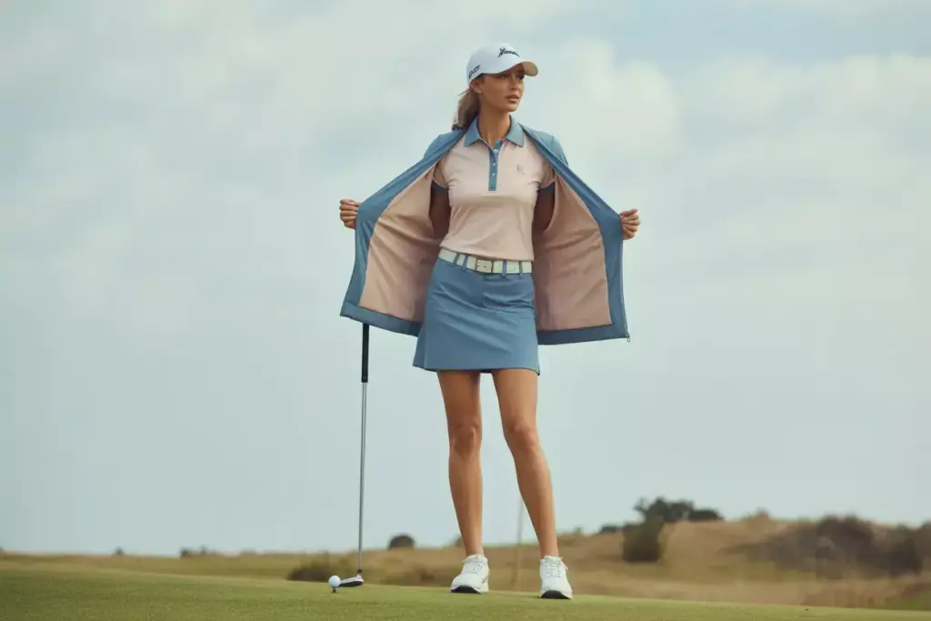 Golfer on tee box wearing lightweight cardigan over polo