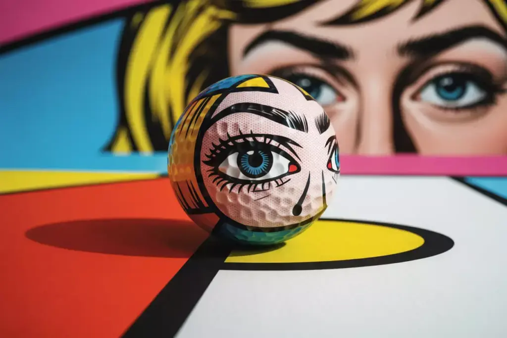 Pop art comic book eye design on vibrant golf ball rolling