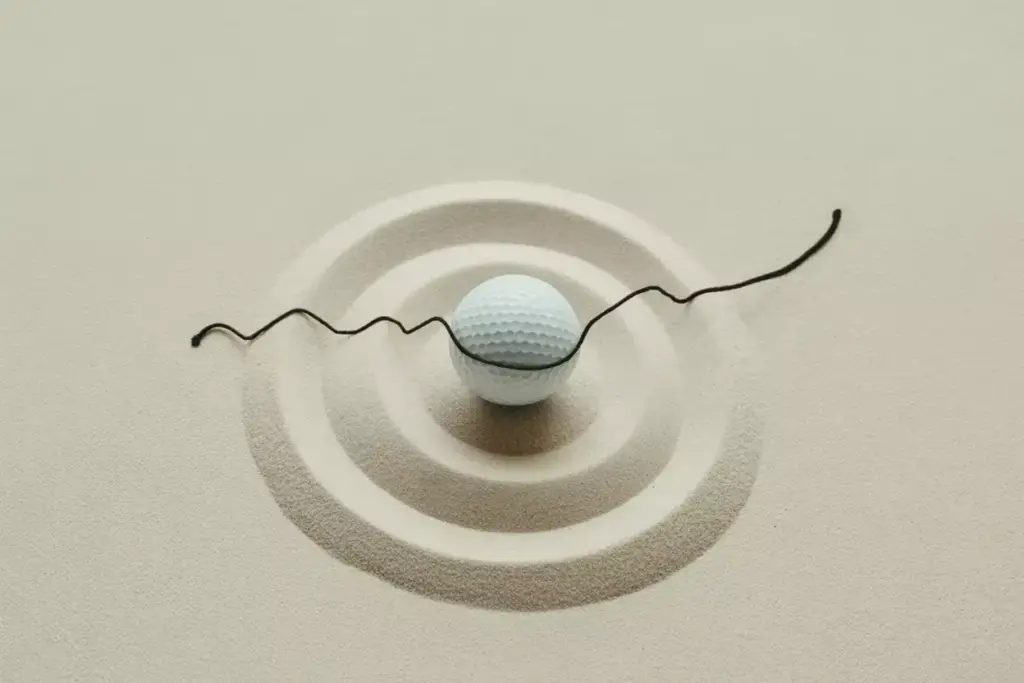 Minimalist single black line golf ball on raked sand zen