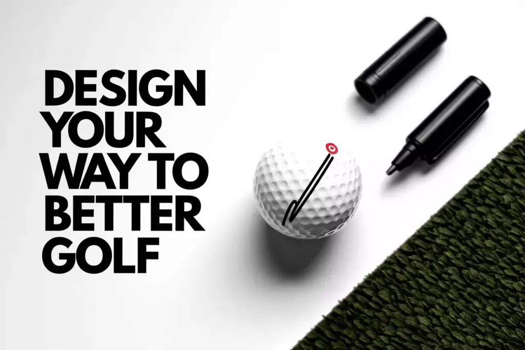 Close up golf ball with sharpie alignment design on green mat