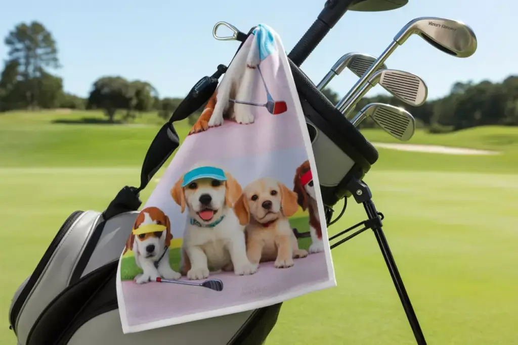 Puppy paradise microfiber golf towel on bag