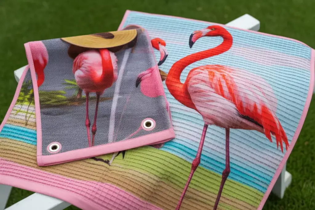 Flamingo frenzy waffle weave towel texture detail