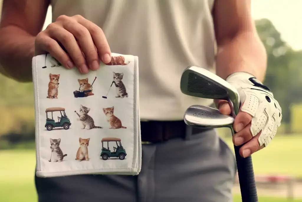 Kitten caddie blend towel draped on golf club